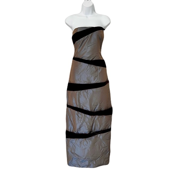 NWT Paula Hian Bucol Brown Silk Taffeta & Velvet Striped Strapless Dress Size 6
